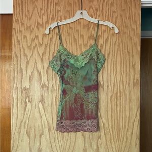 Le Lotus Bleu Lace Trim Floral Slip Tank Top